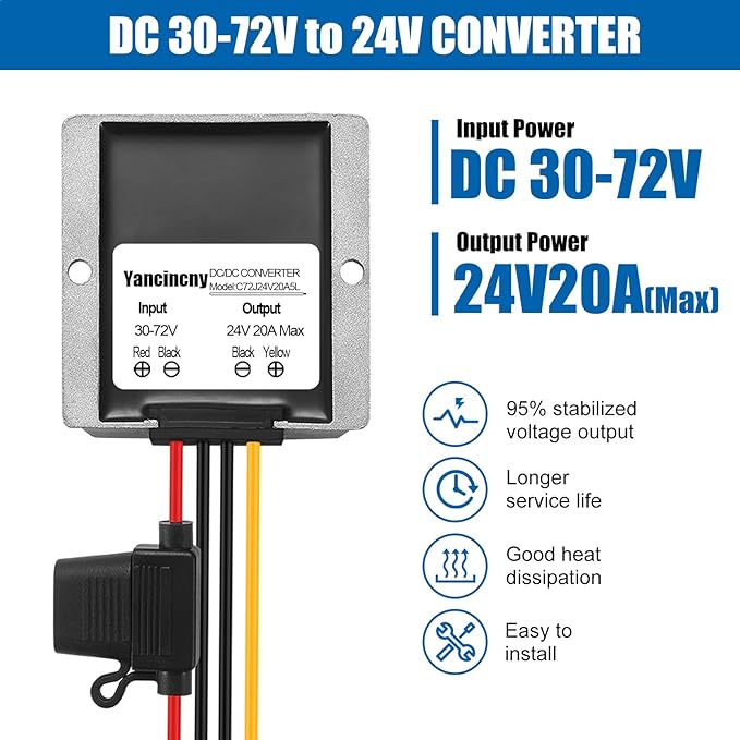 Yancincny 20A 480W 24V DC 36V/48V/60V/72V Step Down to 24V 20A 480W DC Converter Regulator Power Supply Module Buck Transformer Volt Module, Waterproof Voltage Reducer for Golf Cart