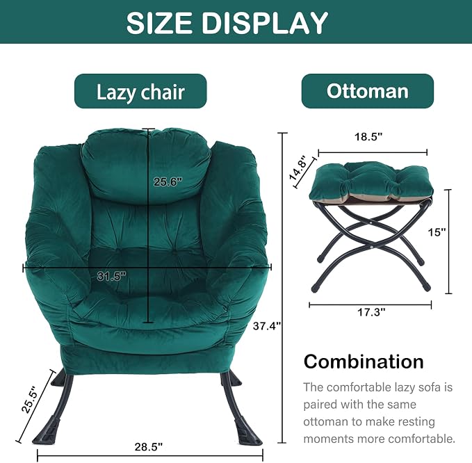 Lazy Chair with Ottoman, Comfy Accent Reading Chair, Velvet Green | Foldable - Image 3