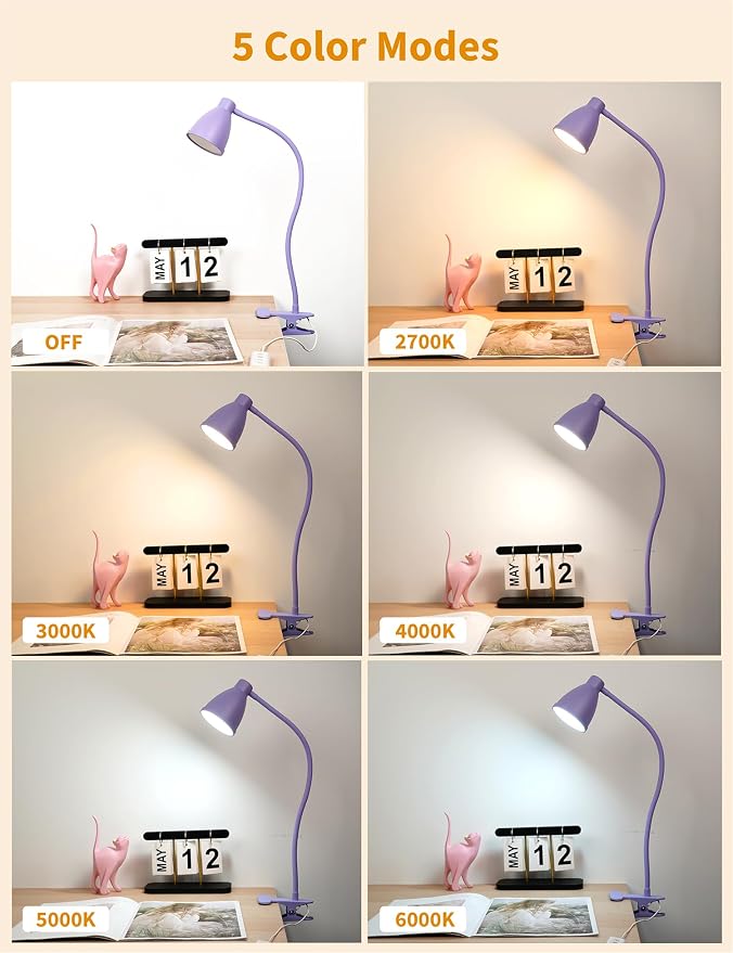 BOHON Desk Lamp with Clamp Clip on Light 5 Color 10 Brightness Lilac Purple | - Image 2