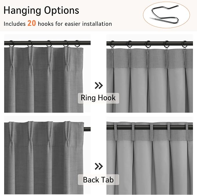Pinch Pleated Full Blackout Faux Linen Curtains 80 Inches Long | Dark Grey - Image 3