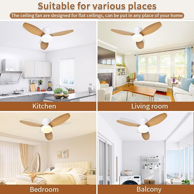 Glowall Small Ceiling Fan with Lights and Remote, 32 Inch Flush Mount, Small Quiet, DC Motor, Reversible Blades, 6 Wind Speeds, Dimmable LED, Adjustable Color Temperature, Timer