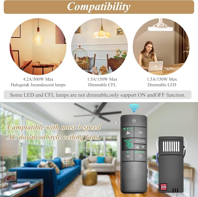 Hampton Bay Universal Ceiling Fan Thermostatic Remote Control Kit with Wall Holder for Hunter Home Decor Harbor Breeze，3-Speed Light Dimmer Timer Replacement for HD3 TR222A 98108 98130 98101 98131