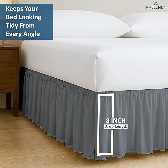 Rajlinen Ruffled Bed Skirt Full XL, 8 Inch Drop Dust Ruffle with Split Corners, 100% Microfiber Bedskirt with Platform, Three-Sided Coverage Ruffled Gathering Design, Dark Grey