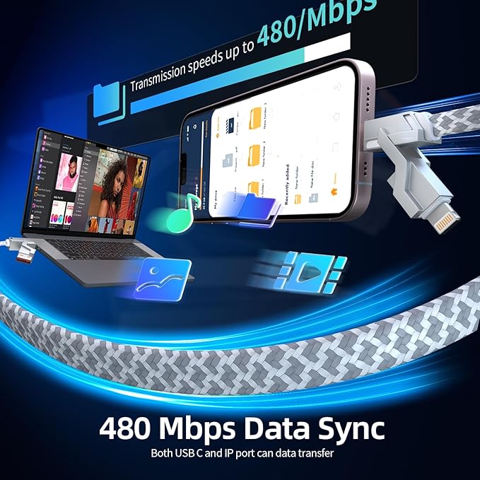 66W 4 in 1 Charging Cable,Fast Multi Charging Cable 5FT,USB C Cable Fast Charge&Data Transfer, Type C 66W 27W PD Multiple Charger Cord for iPhone16/15/14/13 Series/Phones/Pads/Laptop and More-Silver