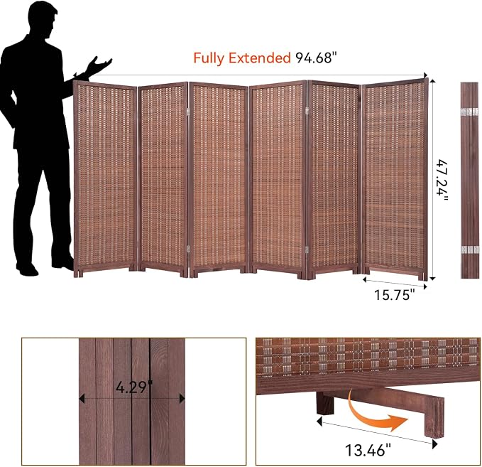 Bamboo Room Divider 6 Panel 47" H, 360°Rotating Feet Privacy Screen, Portable - Image 3