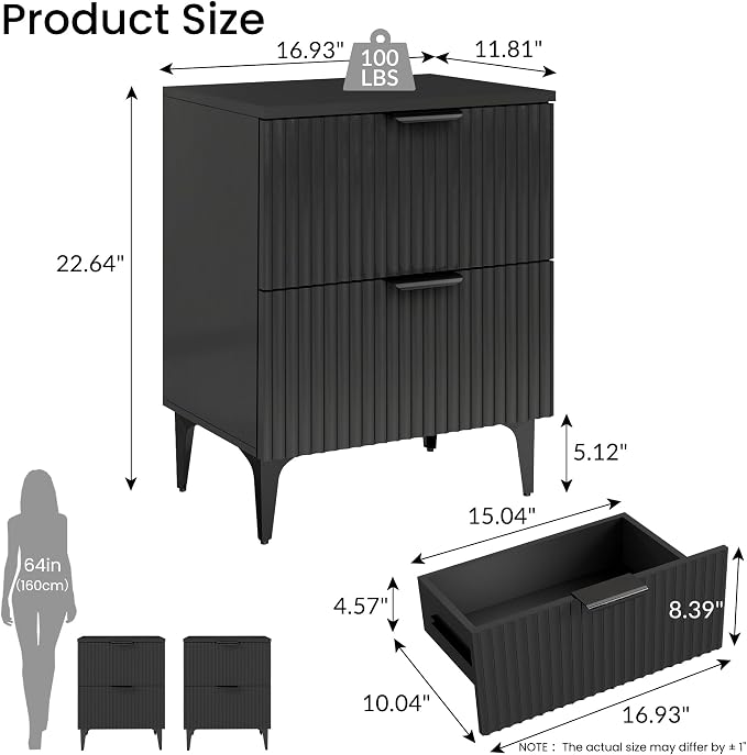 Black Fluted Nightstand Set of 2, Modern Night Stands - Image 3