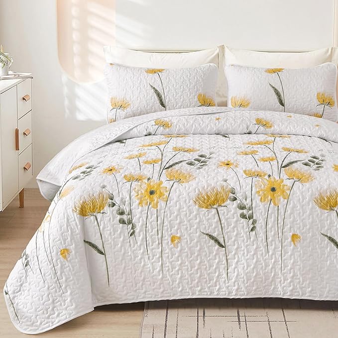 Dinjoy Floral Quilt Set California King, 3 Pieces Yellow Flower Bedspread | by DINJOY