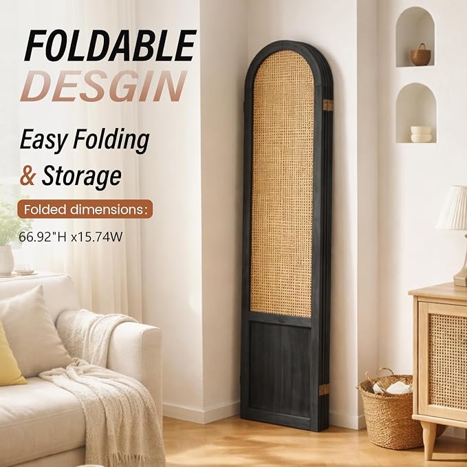 4 Panel Rattan Room Divider Screen, Boho Folding Privacy Screen | Decorative - Image 6