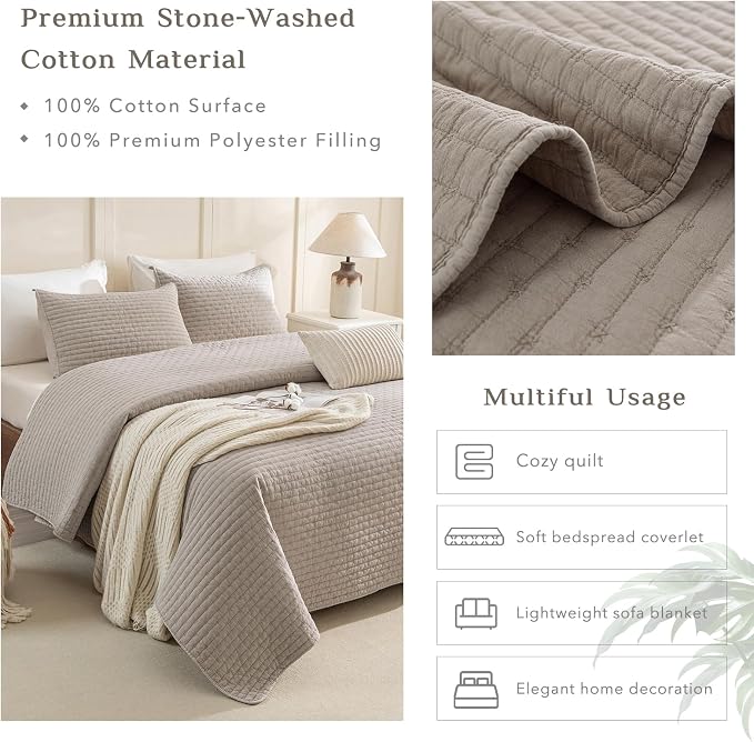 CozyTide Queen Quilt 90"x98", Stone-Washed Cotton Linen Colored Lightweight - Image 4