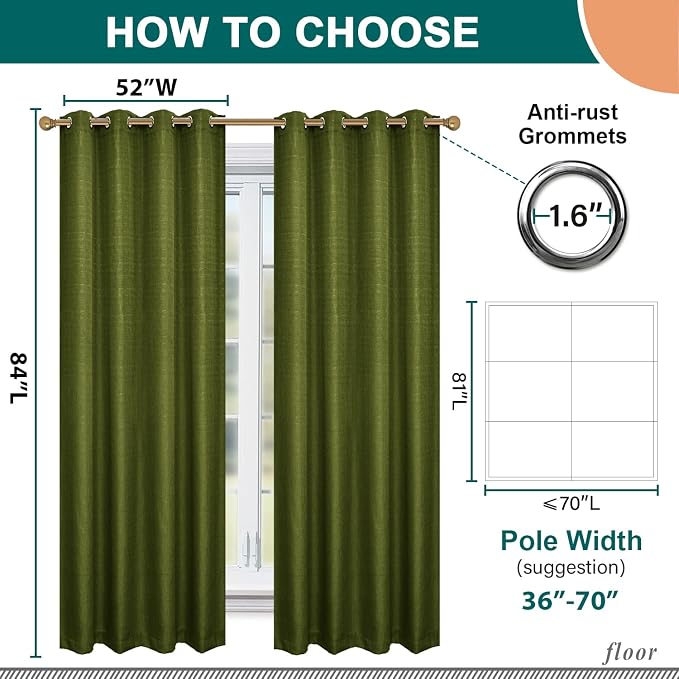 Diraysid 100% Blackout Curtains Olive Green Linen Curtains - Image 6