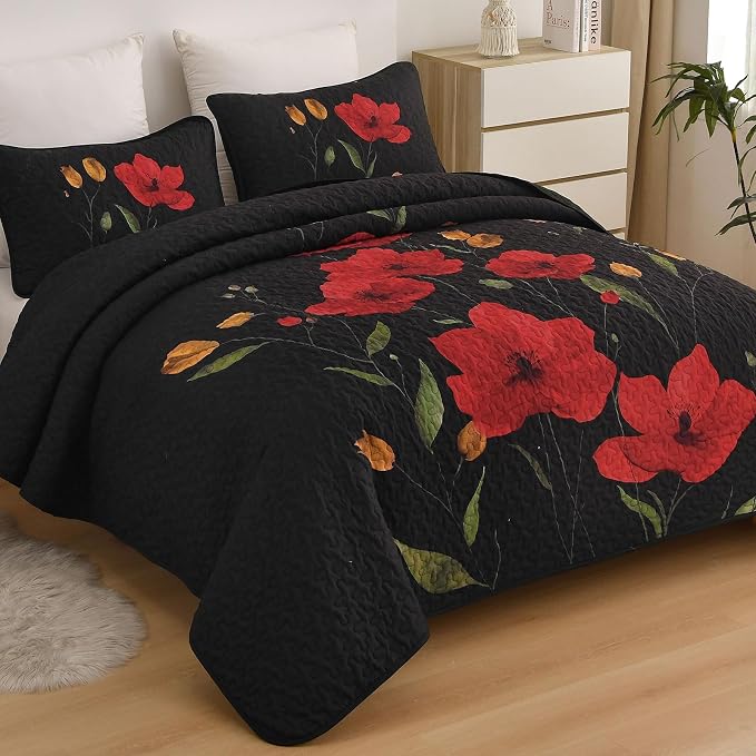 Mybedsoul Floral Quilt Set Queen Size, 3 Pieces Black Bedspread Coverlet Set - Image 2