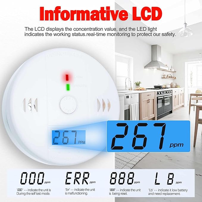 3 Pack Carbon Monoxide detectors, co Detector, Carbon Monoxide Alarm Detector Battery Powered with LCD Display, Carbon Monoxide Detector, UL2034 Standards, for Home