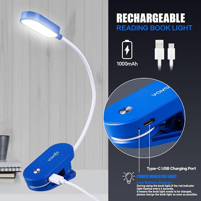 VAVOFO Rechargeable Book Light, 14 LEDs Eye Care Clip On Amber Reading Light - Image 4