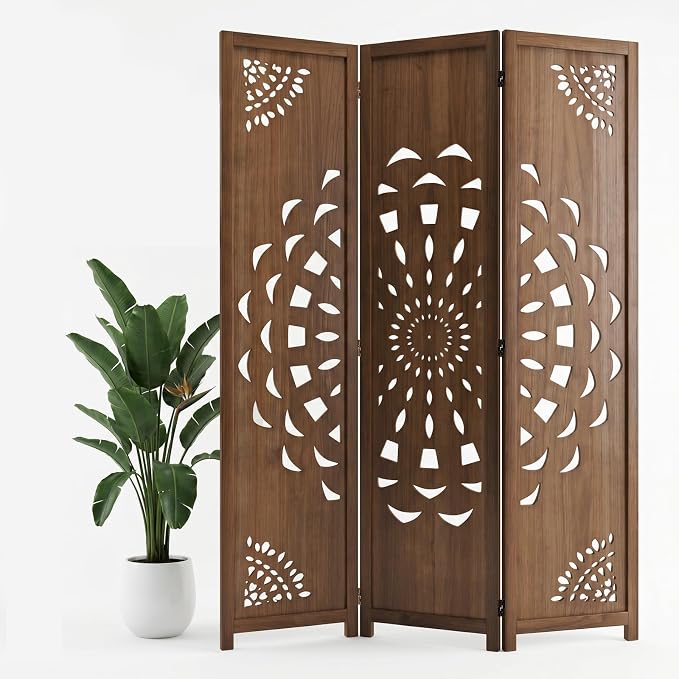 3 Panel Room dividers, 66.9" Boho Double-Sided Carved Screen, Freestanding by Shinkael