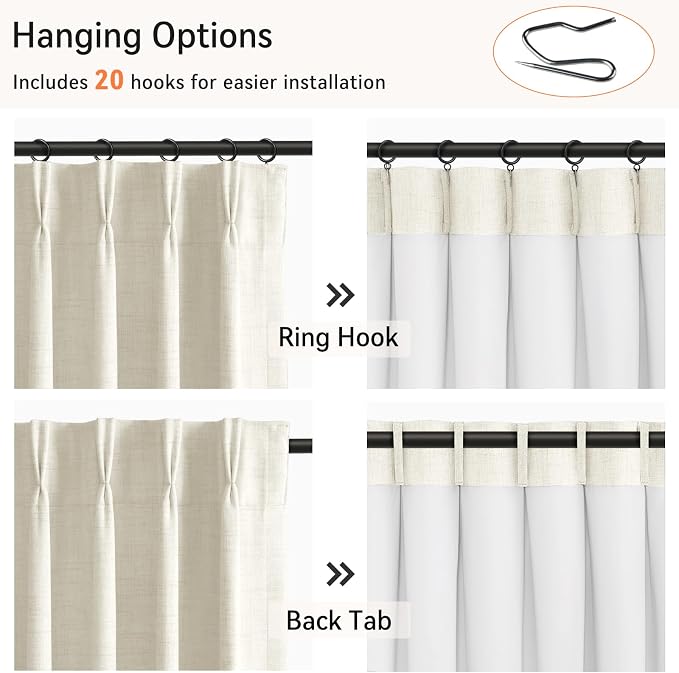 Pinch Pleated Full Blackout Faux Linen Curtains 84 Inches Long | Beige White - Image 3