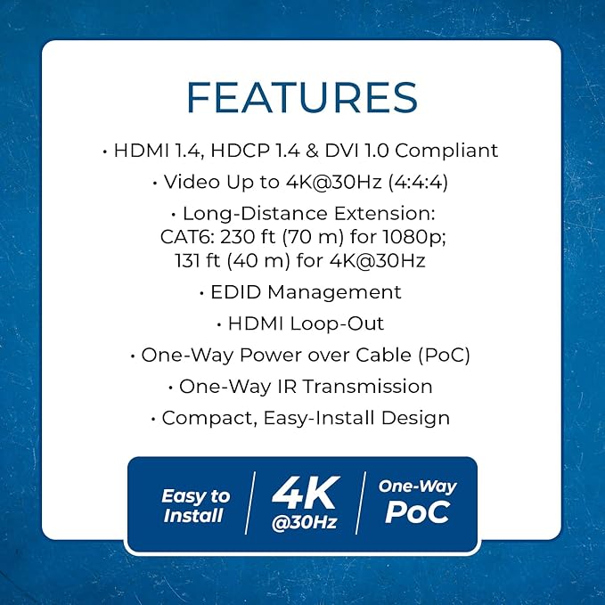 OREI 4K HDMI over Ethernet Extender Over CAT5/CAT6/CAT7, with IR Upto 164 Feet - Loop Out - 4K @ 30Hz 1080P Full HD Signal Distribution (EX-170C)