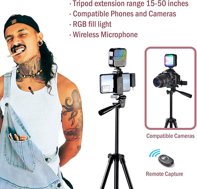 Vlogging Kit for iPhone,YouTube Starter Kit,Youtuber Kit Beginner Content Creator Essentials Kit for Android Phone,Vlogging Camera Kit with Extendable Tripod/Wireless Microphone/RGB Fill-in Light