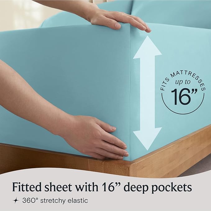 LuxClub 4 PC King Sheet Set, Deep Pockets Wrinkle Free Cooling Bed Sheets Hotel Bedding for Women, Men, Includes 1 Fitted Sheet, 1 Flat Sheet and 2 Pillowcases-Silky Soft Aqua