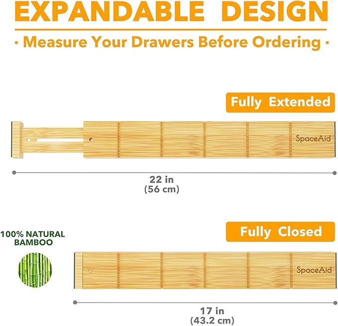 SpaceAid Bamboo Drawer Dividers with Inserts and Labels, Kitchen Adjustable Drawer Organizers, Expandable Organization for Home, Office, Dressers and Bathroom, 6 Dividers with 12 Inserts (17-22 in)