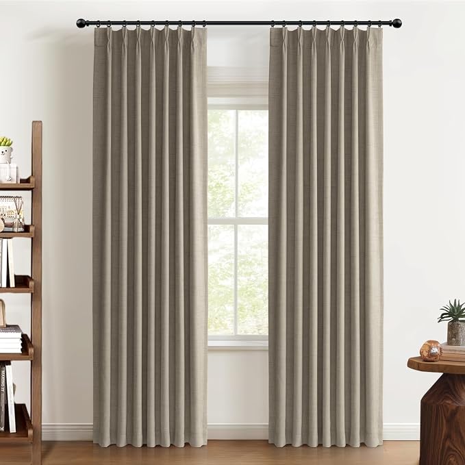 Pinch Pleated Full Blackout Faux Linen Curtains 102 Inches Long | Dark Faux by 100BlackoutShield