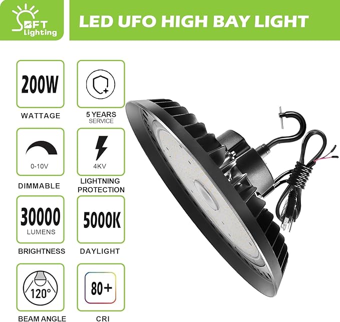 BFT UFO LED High Bay Light 200W 5000K Daylight High Bay LED Shop Lights 30000LM 1-10V Dimmable ETL Listed LED High Bay Light with 6ft US Plug Commercial Warehouse Lights