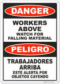 Brimar - 10" x 14" - Bilingual Workers Above Watch For Falling Material Sign - .055″ Polyethylene Plastic - Bold Text And Symbol - Easy Installation