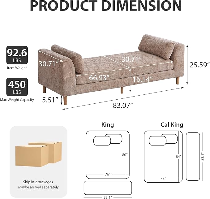 83.1" Oversized Chaise Lounge, Chenille Upholstered End of Bed Bench - Image 2