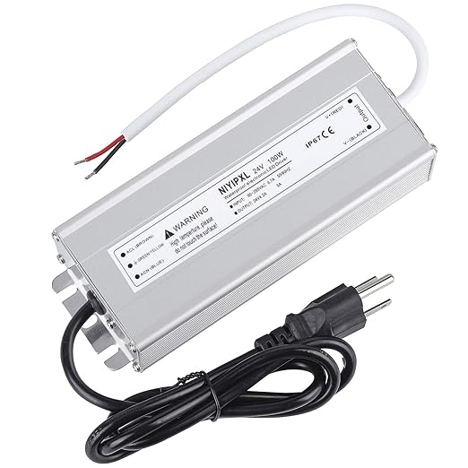 LED Driver 100 Watts 24V DC Low Voltage Transformer， Waterproof IP67 LED Power Supply, Adapter with 3-Prong Plug 3.3 Feet Cable for Any 24V DC led Lights, Computer Project, Outdoor Light
