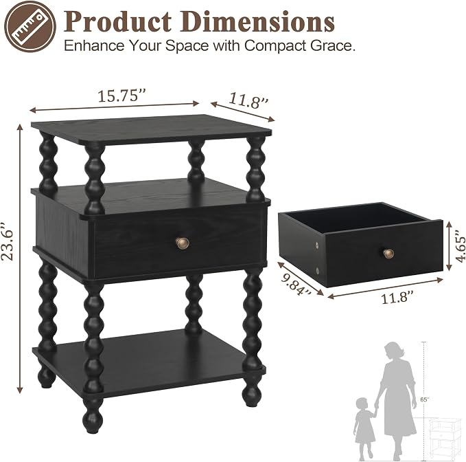 AWASEN Black Nightstand, Bed Side Table Bedroom - Image 2