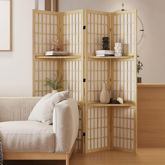 Room Divider with Shelves, 66.9-Inch Tall Japanese Shoji Style Wood Screen with by Svimi
