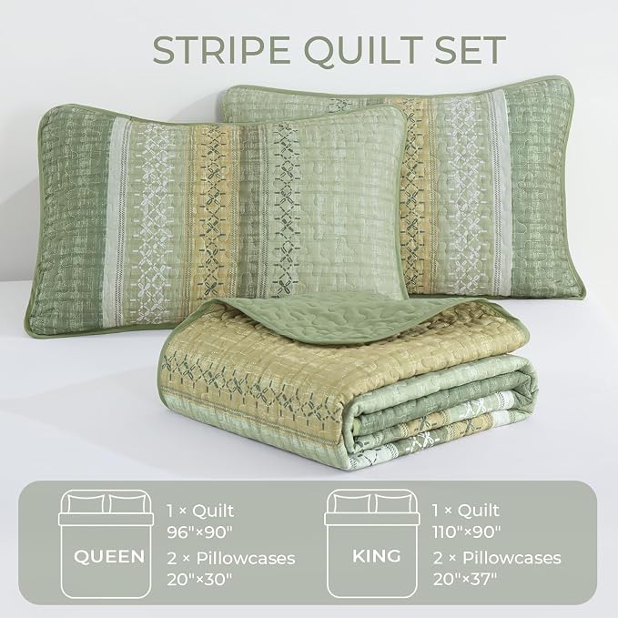 Cottolester Sage Green King Quilt Set, Sunner Striped Patchwork Bedspread | - Image 7