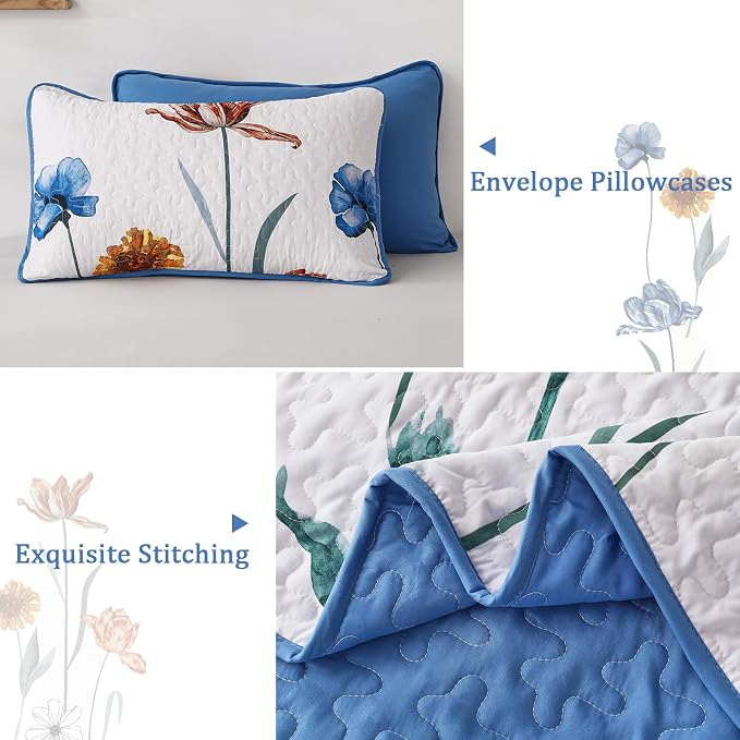 WONGS BEDDING Blue Quilt Set Queen Size, Cute Floral Botanical Bedspread - Image 6