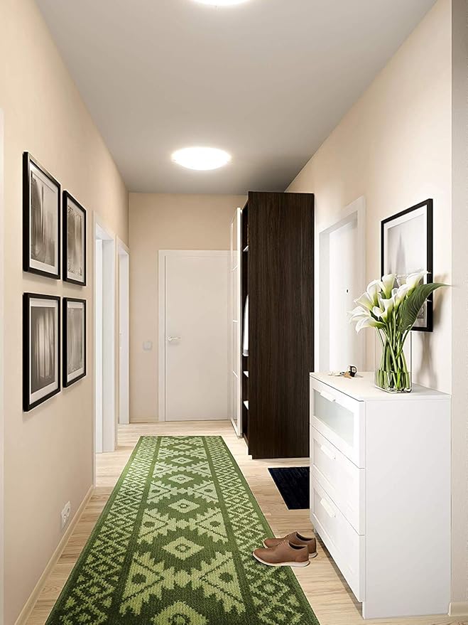 Custom Length Hallway Runner Rug,Slip Resistant,Southwestern Green, 26 Inch X 20 feet, Sold and Priced Per Foot