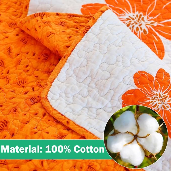EVENHUG 100% Cotton Quilt King Size Orange Sunflower Bedding Set Floral - Image 6