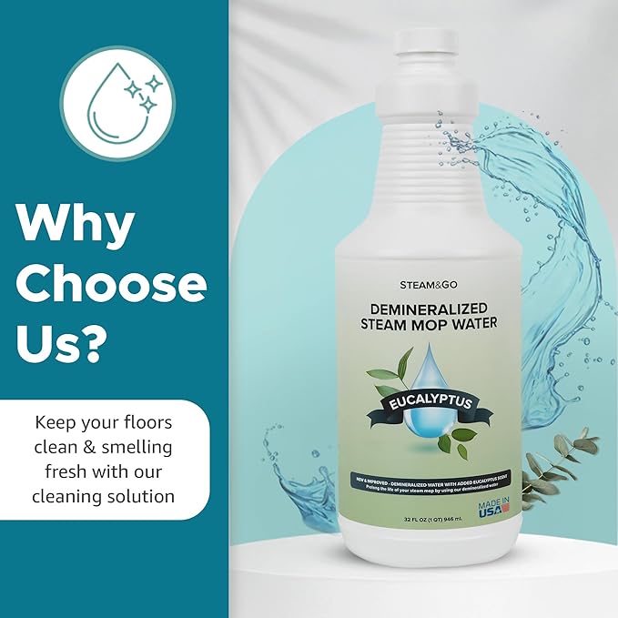 Steam & Go Demineralized Water Cleaning Solution for Floor & Multi-Surface Steam Cleaners - Compatible for All Steam Mops - Eucalyptus Mint Scent, 32 oz