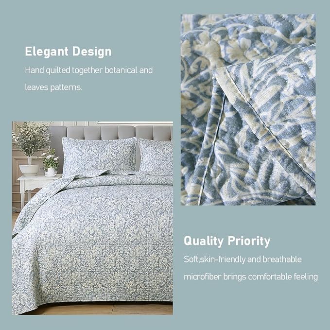 DURLENGEN Botanical Quilt Set King Size 3Pcs, Bluish Grey Printed - Image 3