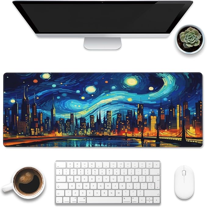 Eflxamz Desk Pad,City Starry Night Desk Mat,Abstract Oil Painting Large Gaming Mouse Pad for Desk,Extended Big Computer Keyboard Mouse Pad with Non-Slip Base and Stitched Edge,31.5"x11.8"