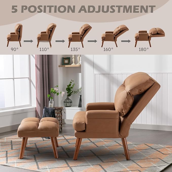 IOMOR Accent Chair with Ottoman, Faux Leather Chair Armchair with Adjustable - Image 4