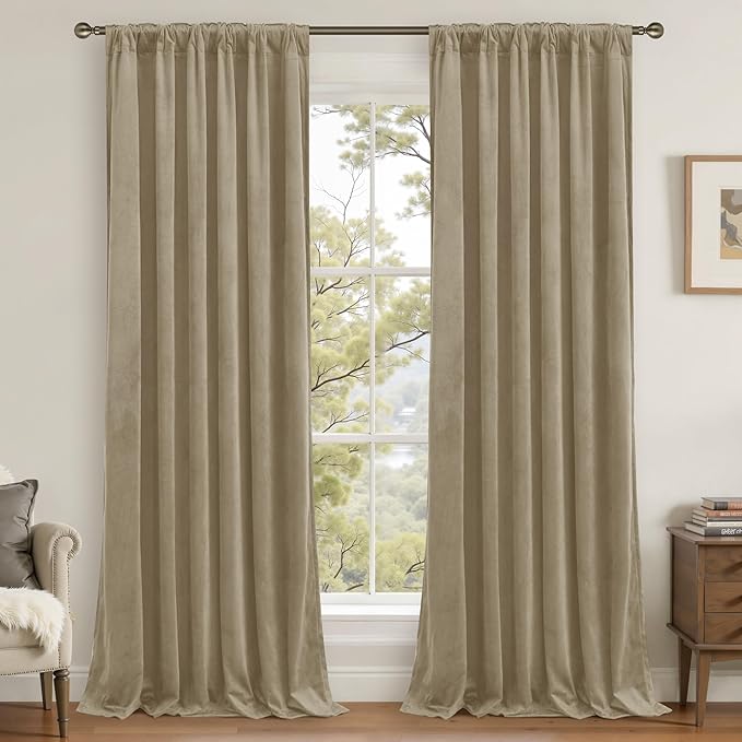 LAMIT Dark Taupe Velvet Curtains 120 Inch for Living Room, Thick Thermal Insulated Drapes Room Darkening Country Decor Back Tab and Rod Pocket Panels for Bedroom, 2 Panels, 52 x 120 Inch