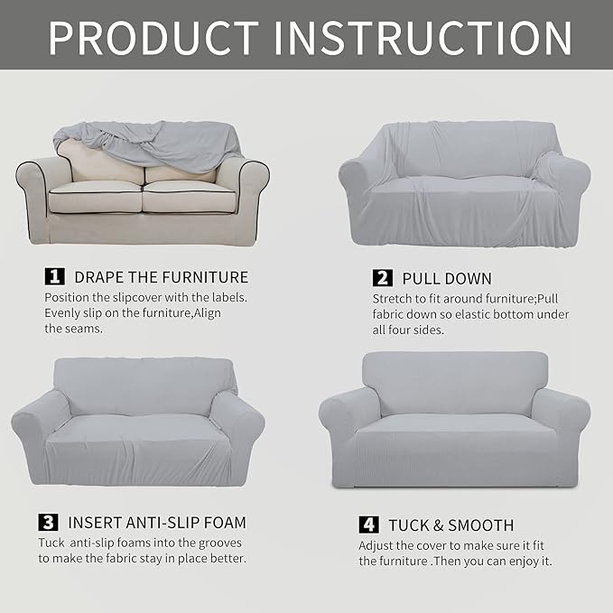 Easy-Going Stretch Oversized Chair Sofa Slipcover 1-Piece Couch Sofa Cover Furniture Protector Soft with Elastic Bottom for Kids Spandex Jacquard Fabric Small Checks Silver Gray