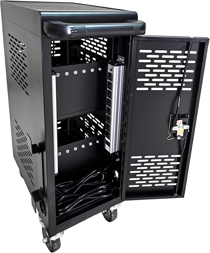 16-Device Mobile Charging Cart with Charging Power Strip and Front and Rear Access Locks, Cable Management, Up to 14", Safe Charging Cabinet for Chromebooks, Tablets, Laptops Black