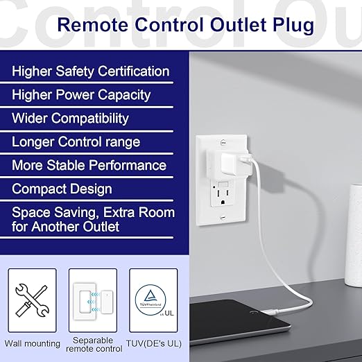 Remote Plug in On Off Switch,GreenCyle Outlet Plug with Remote, Wireless On/Off Light Switch Wall Mounted,15A/1500W,TUV Listed, No Wiring Needed,500ft RF Range, for Lamps, Fans, Household Appliances