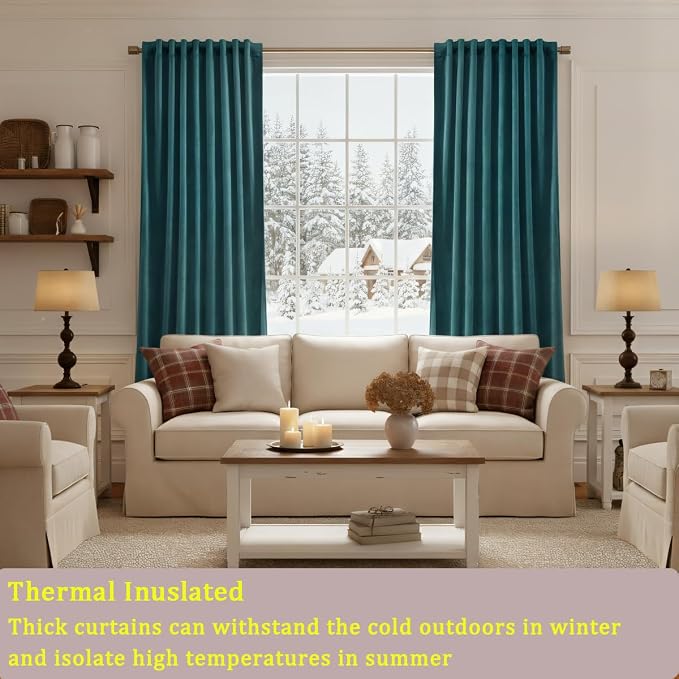 Timeper Slate Blue Velvet Curtains W52 x L96 inches 2 Panels, Back Tab & Rod - Image 3