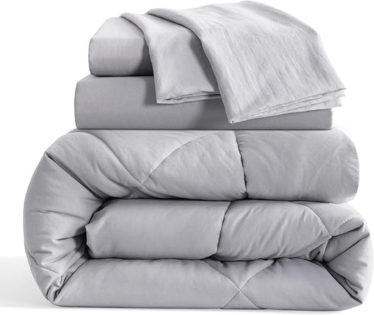 NTBAY Twin Comforter Set with Sheets, 5 Pieces Soft and Breathable Twin Bedding Set, Twin Bed in a Bag, Down Alternative Comforter Set Solid Color All Season, Kids Bedding Set, Light Grey