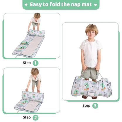 Viviland Toddler Kid Nap Mat for Preschool, Grey Dinosaur Slumber Bag, Daycare Sleeping Bag with Pillow and Blanket, Kindergarten Sleep Mat