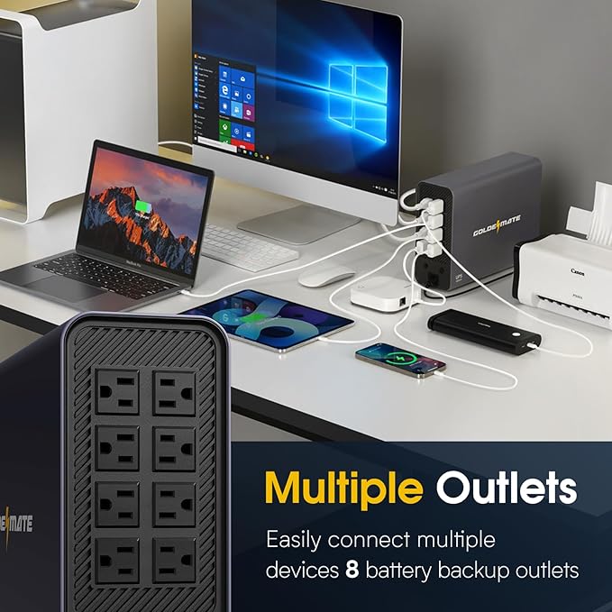 GOLDENMATE 1000VA/600W Lithium UPS Battery Backup & Surge Protector, Backup Battery Power Supply with LiFePO4 Batteries(153.6 Wh), Sinewave UPS System, 10 Years Lifespan, 8 Outlets, LCD Display, Gray