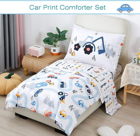 PERFEMET Cars Boys Comforter Set Twin Size 4 Pieces Reversible Truck Kids Bedding Set Soft Microfiber Vehicles Teen Boy Bed in a Bag with Sheets for All Season Use(White, Twin)