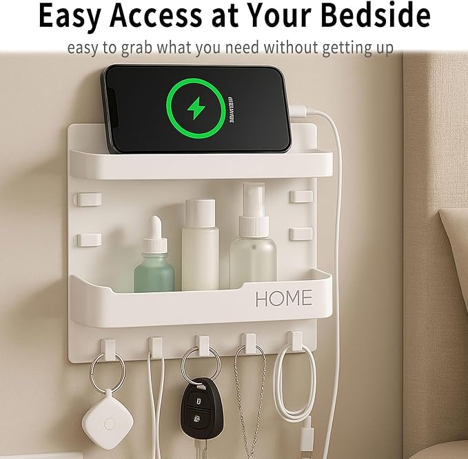 Wall Mount Bedside Shelf with Hooks, Adhesive Bedroom Organizer Storage - Image 4