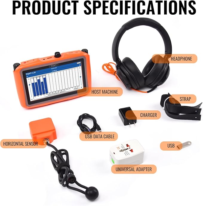 PQWT L30 Underground Water Leak Detectors for Home Wall Water Pipe Detector Machine Horizontal Sensor Acoustic Pipeline Leakage Detection Kit Noise Reduction Headphone Smart Touchscreen Carry Case