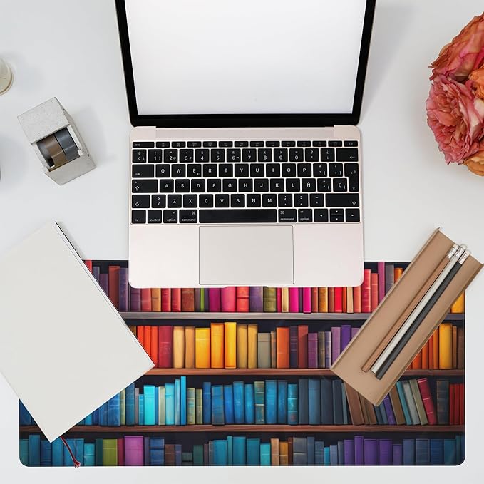 Eflxamz Large Gaming Mouse Pad for Desk,Bookshelves Full of Books Desk Mat,Colorful Books Desk Pad,Extended Big Computer Keyboard Mouse Pad with Non-Slip Base and Stitched Edge,35.4"x15.7"